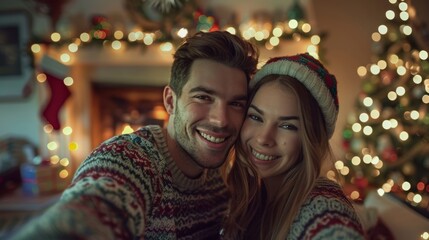 Couple in festive sweaters smiling in front of a cozy Christmas tree. Joyful holiday moments captured beautifully in warm lights.