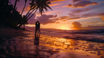 Romantic sunset at the beach with a couple embracing near the waves under palm trees