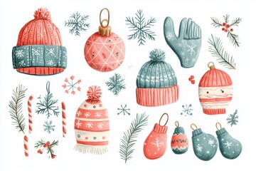 Watercolor Christmas Winter Holiday Elements Clipart Set