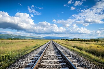 Fototapeta premium Straight train tracks disappearing into the horizon with blue sky and white fluffy clouds.
