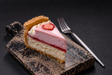 Sweet cheesecake with mascarpone or Philadelphia cheese, jelly and strawberries