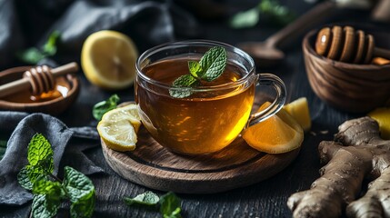 Herbal Tea with Lemon, Mint, Honey, and Ginger in Dark Rustic Setting, Immune-Boosting Natural Drink, Organic Ingredients, Cozy Beverage, Generated AI