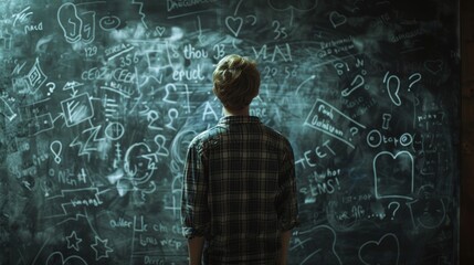 Fototapeta premium Exploring Creativity: A Person Stands Before a Chalkboard Filled with Ideas and Drawings