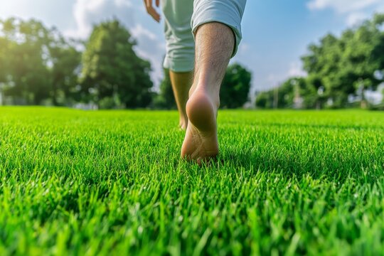 A person walking barefoot on grass, symbolizing grounding and the benefits of connecting with nature