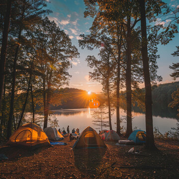 Tourists camping with a tent near a fire in the forest near the lake
