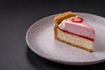 Sweet cheesecake with mascarpone or Philadelphia cheese, jelly and strawberries