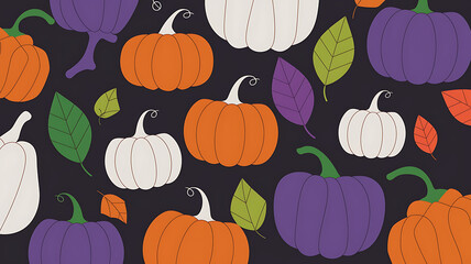 Orange and Purple Pumpkins and Leaves Pattern for Fall and Halloween Decorations. 
