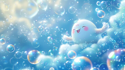 Cute cartoon character floating on clouds with colorful bubbles.