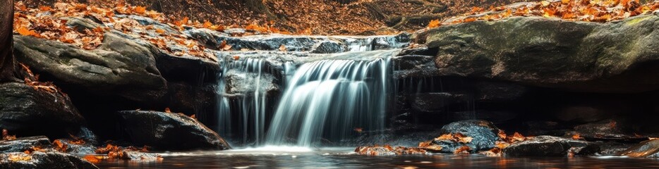 Naklejka premium View of a small beautiful river forest waterfall in autumn nature background banner wallpaper AI generated image