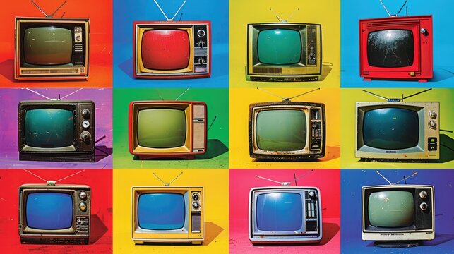 A colorful grid of vintage televisions with antennas.