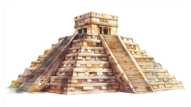 watercolor painting of Aztec pyramid isolated on white background