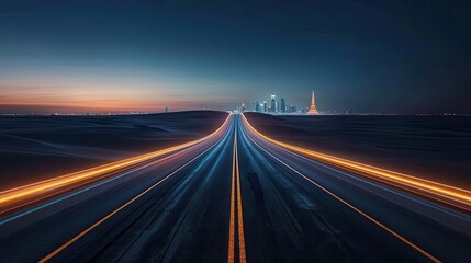 Futuristic road with glowing pathways, city skyline in the distance, ultra-realistic 8K night scene, perfect for sci-fi and tech visuals