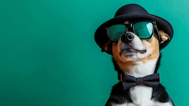 A dog dressed in a hat, sunglasses, and a bowtie looks smugly at the camera.