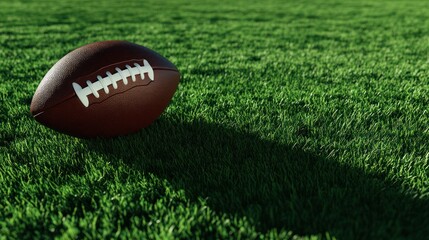 Classic brown and white American football is placed on a lush green synthetic turf field.