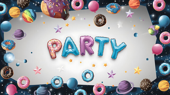 Space themed party invitation with donuts and balloons in blue and pink. 
