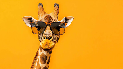 A giraffe wearing sunglasses against a yellow background.