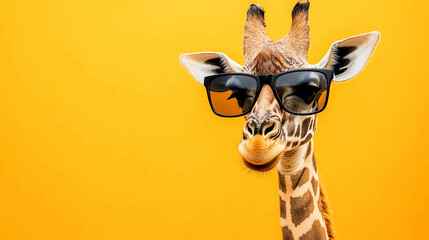A giraffe wearing sunglasses looks directly at the camera.