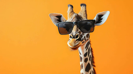 Obraz premium A giraffe wearing sunglasses, looking at the camera.