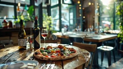 Fototapeta premium Delicious pizza and wine on a rustic table with a warm atmosphere in a cozy restaurant setting.