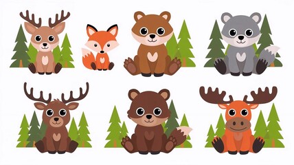 Obraz premium Stickers with wild animals in the forest, cute set. Green trees. Collection of flat vector illustrations isolated on white.