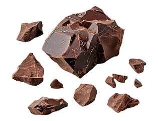 Chocolate chunks broken into various sizes with crumbs scattered around on a transparent background