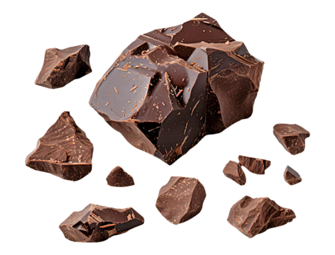 Chocolate chunks broken into various sizes with crumbs scattered around on a transparent background