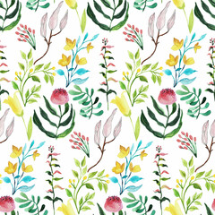 Vivid botanical illustration, watercolor seamless pattern