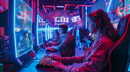 Fototapeta premium Exciting eSports Gaming Scene with Players Competing in Neon-Lit Arena