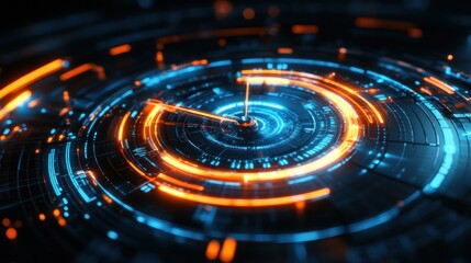 Futuristic digital clock with glowing blue and orange lights.