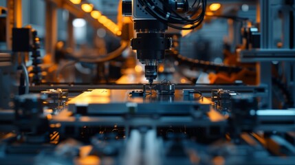Fototapeta premium High-tech machinery at work in a factory, showcasing precision in manufacturing automation and assembly lines, illuminated with warm lighting.
