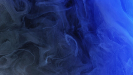 Fototapeta premium Blur mist cloud. Paint water splash. Defocused blue color glowing dust particles texture haze floating on dark black abstract art background.