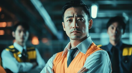 Fototapeta premium A confident leader in an orange vest stands strong, flanked by team members in a modern, industrial setting.
