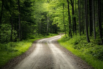 Obraz premium Winding gravel road through a lush green forest with sunlight breaking through the trees