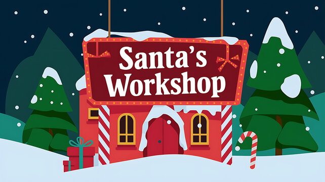 Red and green Christmas workshop with snow, perfect for winter holiday designs. 
