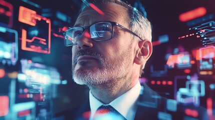 A focused businessman analyzing digital data in a futuristic environment, embodying innovation and technology in the corporate world.