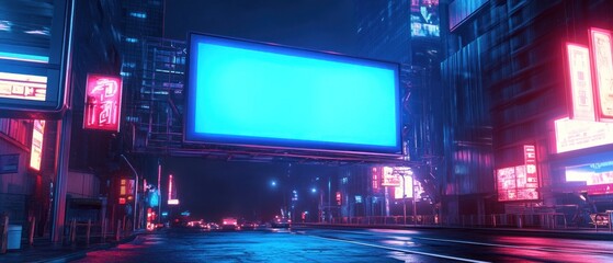 Big blue screen billboard on cyberpunk neon night city street mockup material background wallpaper AI generated image