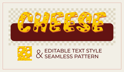 Editable text effect in cheese style. Holey perforated texture of cheese slices. Seamless pattern in simple flat style.