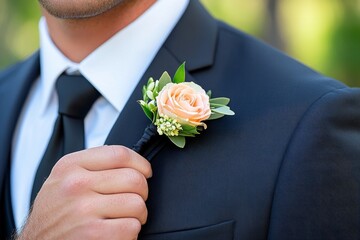 The groom&acirc;&euro;&trade;s boutonniere, pinned to his suit jacket, featuring a single fresh flower to match the bride&acirc;&euro;&trade;s bouquet