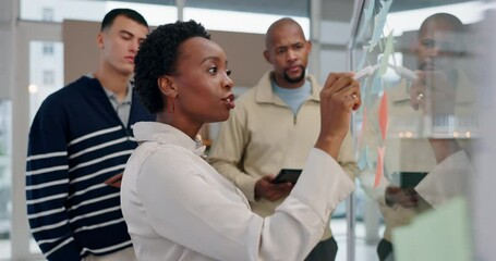 Business people, discussion and glass wall for planning together, collaboration and brainstorming. Marketing team, employees and moodboard in office for strategy meeting, branding ideas and notes
