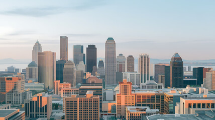 Fototapeta premium Modern City Skyline with Orange and Gray Buildings at Sunset, Urban Architecture, Business and Success. 