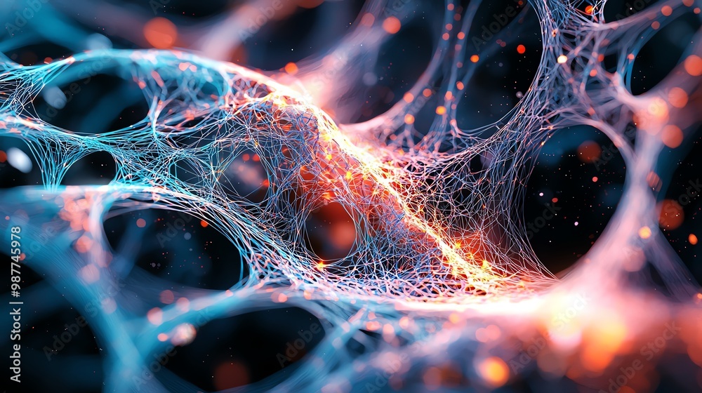 Poster Abstract glowing network of interconnected fibers.