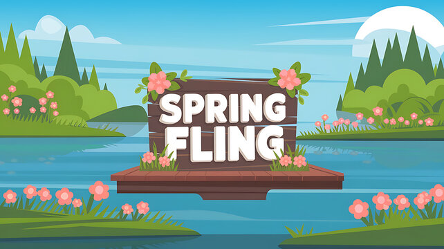 Spring Fling Event, Green and Blue,  A wooden sign with pink flowers,  a lake, and green trees,  perfect for a spring celebration or festival. 
