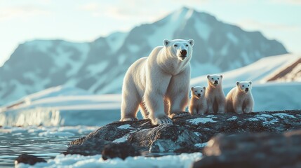 Naklejka premium A majestic polar bear and its three adorable cubs stand on a rocky shore, surrounded by stunning snowy mountains and icy waters.