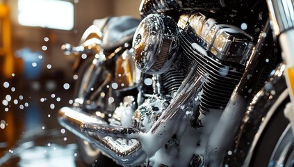 Close up of a motorcycle engine covered in soap.