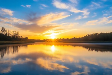 Naklejka premium Golden Sunrise over Calm Lake with Reflections of Clouds and Sunlight