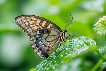 Fototapeta premium Close up of a Swallowtail butterfly resting on a green leaf with dew drops