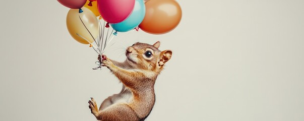 Happy photorealistic chipmunk holding a bunch of balloons in celebration