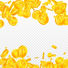 Chinese yuan coins falling. Scattered gold CNY