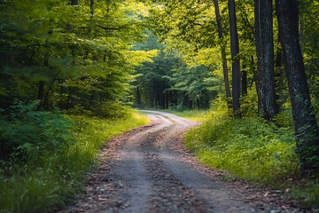 Fototapeta premium Winding dirt road through lush green forest with sunlight breaking through canopy. Concept of nature, adventure, tranquility, and journey.