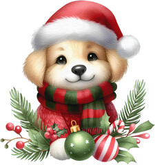Christmas dog puppy watercolor painting cutout png clip art transparent background